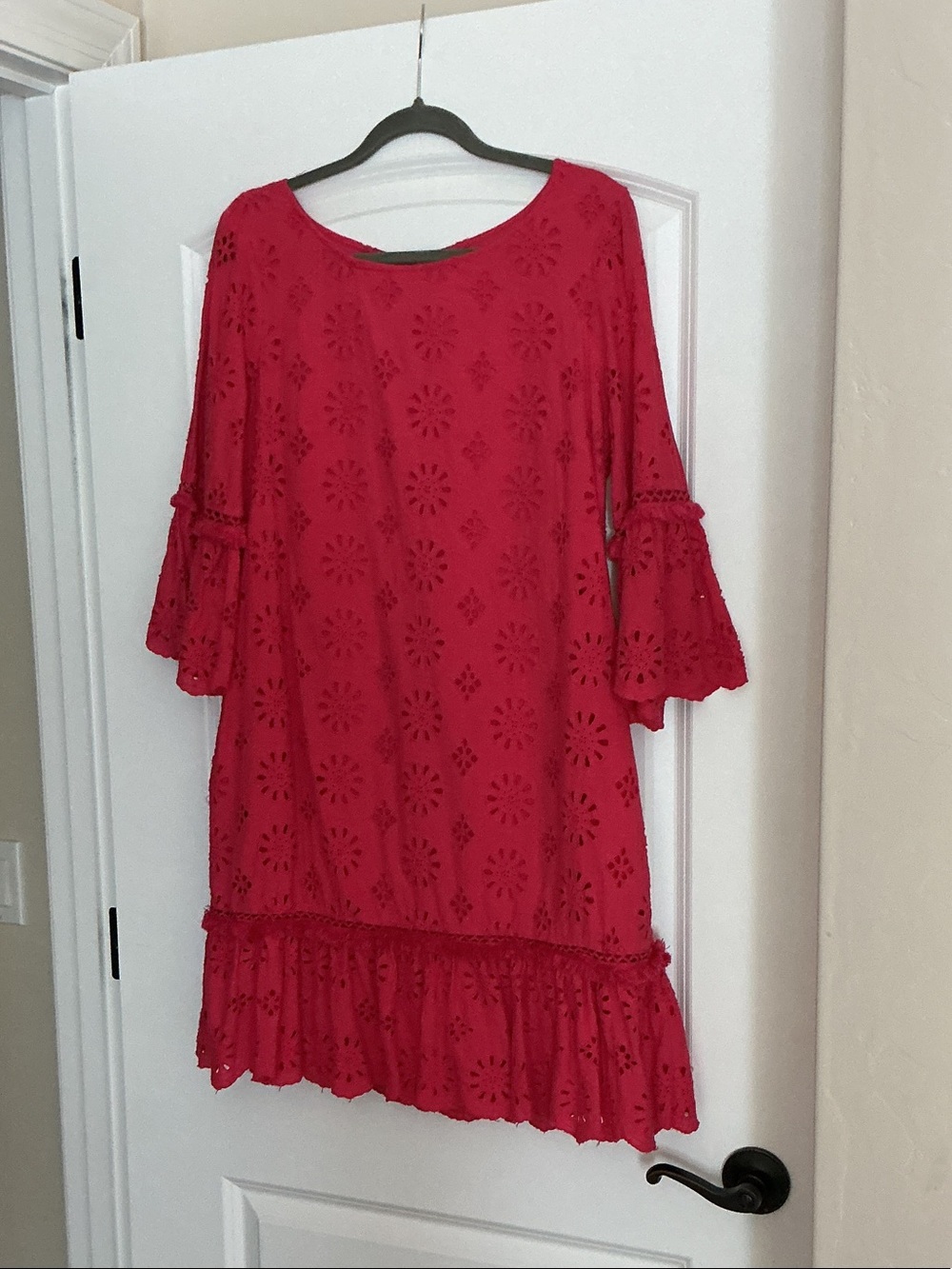 Anthropologie Pink Eyelet Bell-Sleeve Shift Dress with Pockets